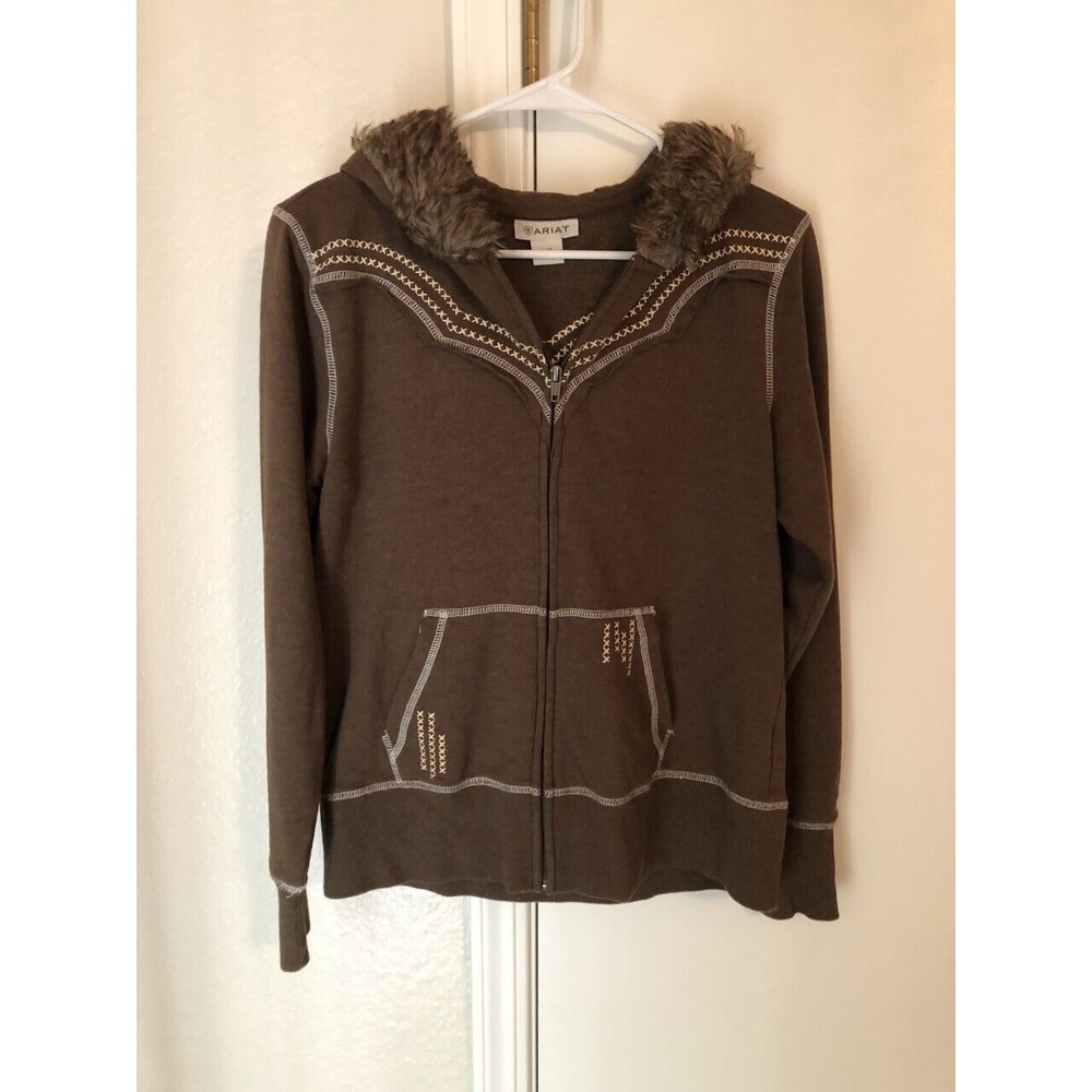ARIAT Women’s Hoodie Size L Brown Faux Fur lined Hood (Please read)